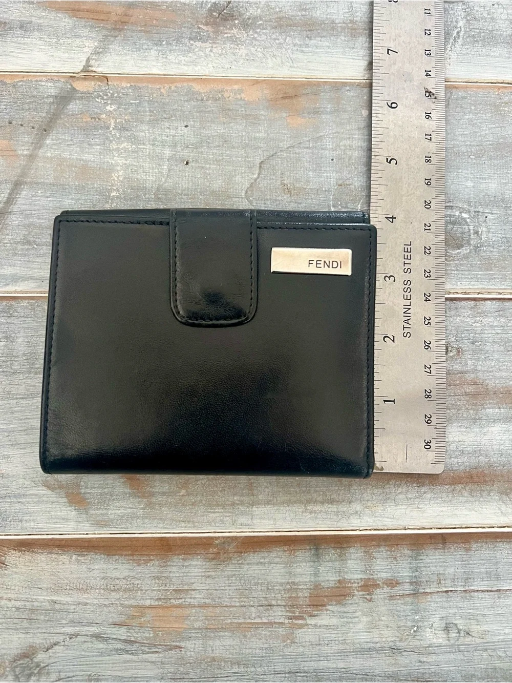 Vintage FENDI Black Leather Bifold Wallet with Silver-Tone Logo — Original Box